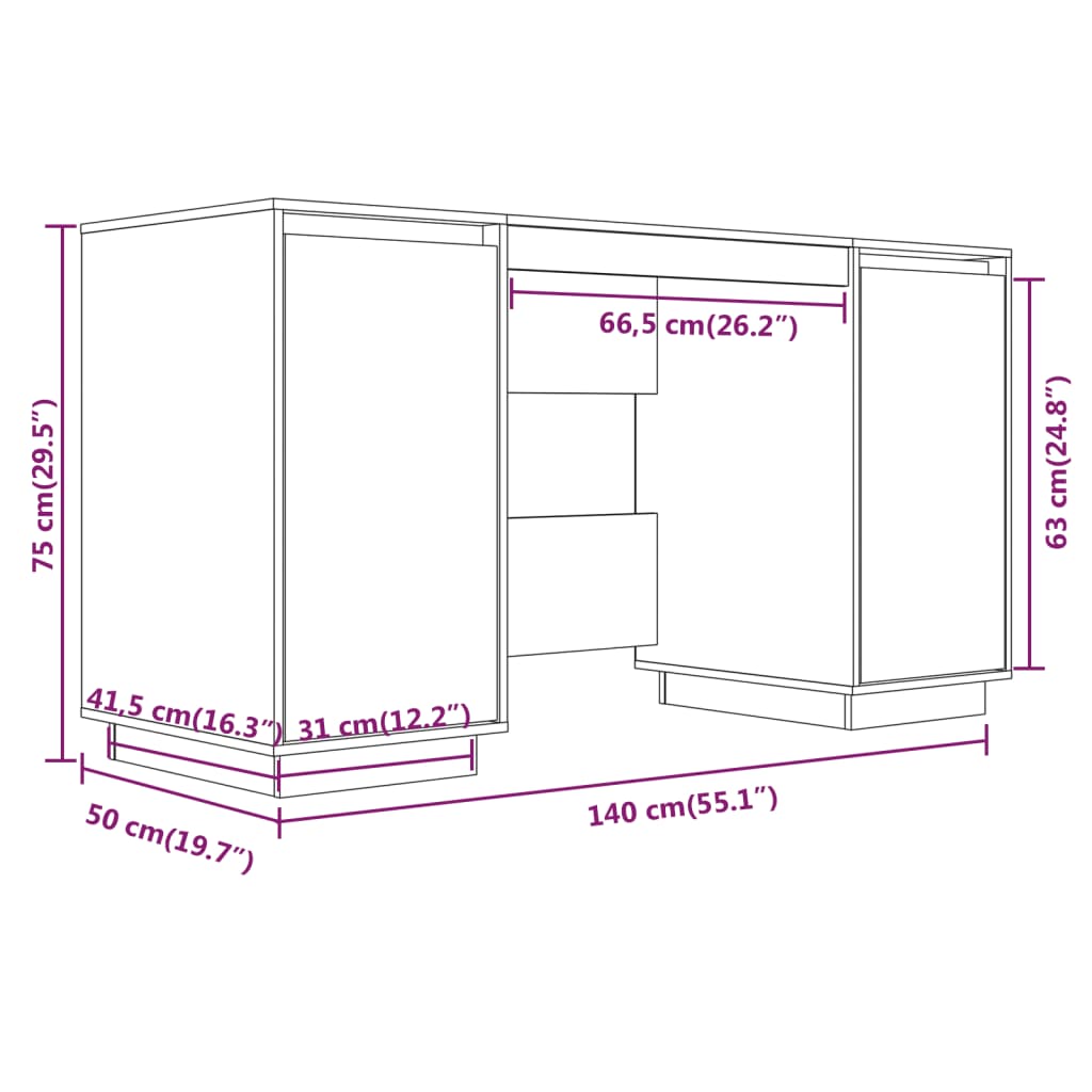 vidaXL Bureau noir 140x50x75 cm bois massif de pin