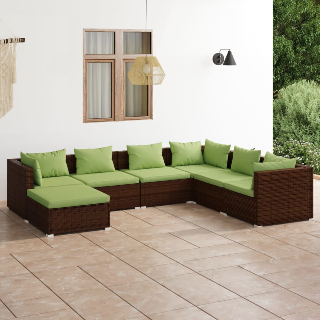 vidaXL Salon de jardin 7 pcs avec coussins Résine tressée Marron