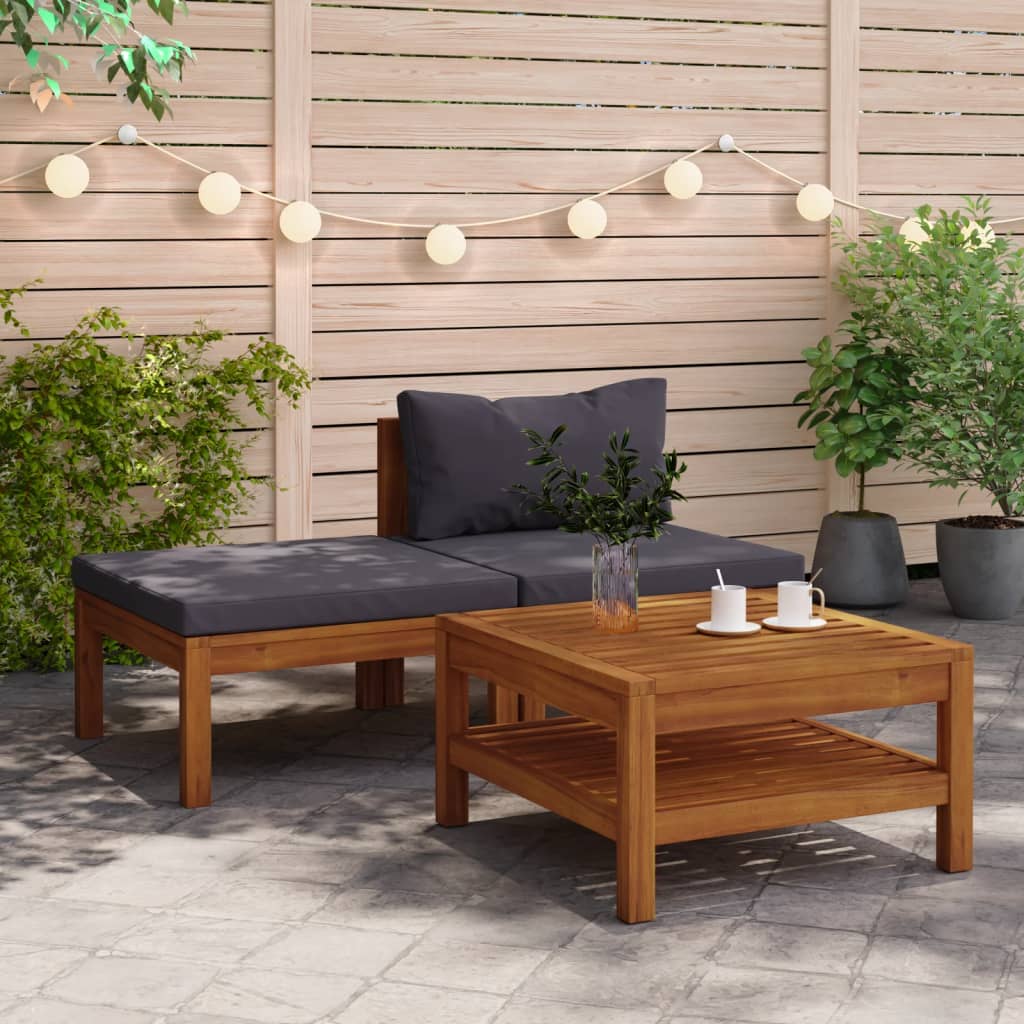 vidaXL Salon de jardin 3 pcs avec coussins gris foncé Bois d'acacia