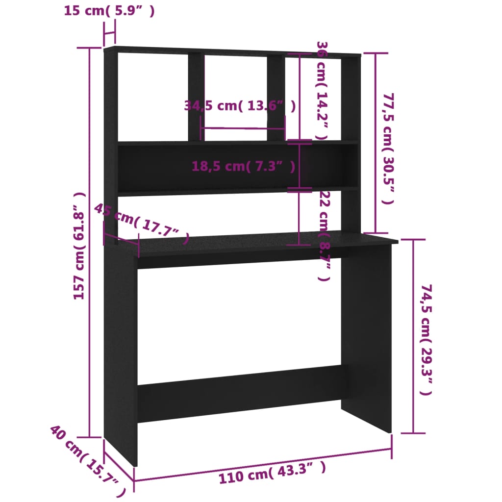 vidaXL Bureau avec étagères Noir 110x45x157 cm Bois d'ingénierie