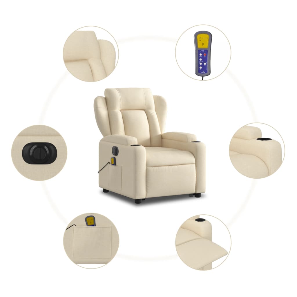 vidaXL Fauteuil inclinable de massage électrique crème tissu