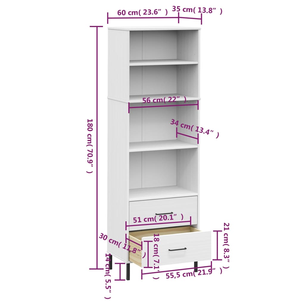 vidaXL Bibliothèque à 2 tiroirs Blanc 60x35x180 cm Bois massif OSLO