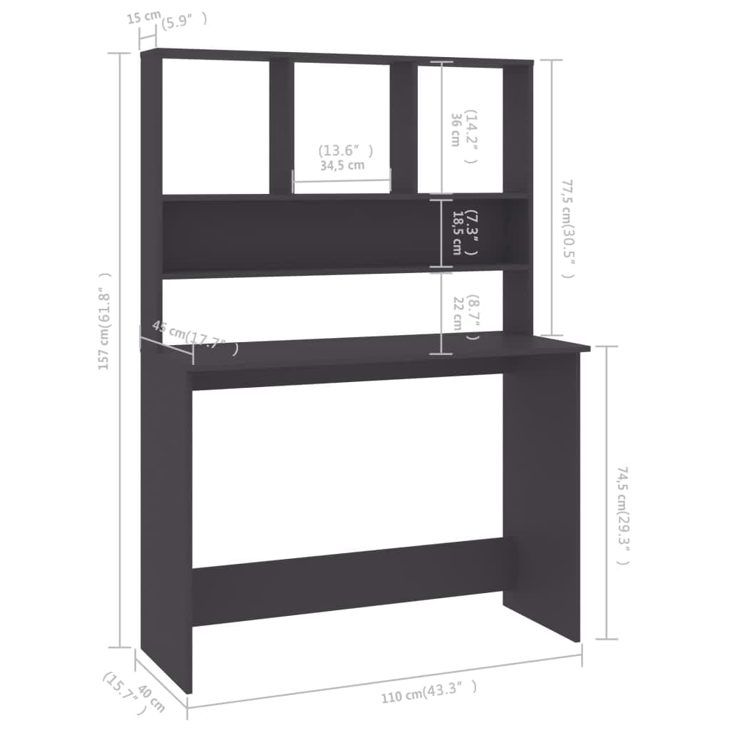 vidaXL Bureau avec étagères Gris 110x45x157 cm Bois d'ingénierie