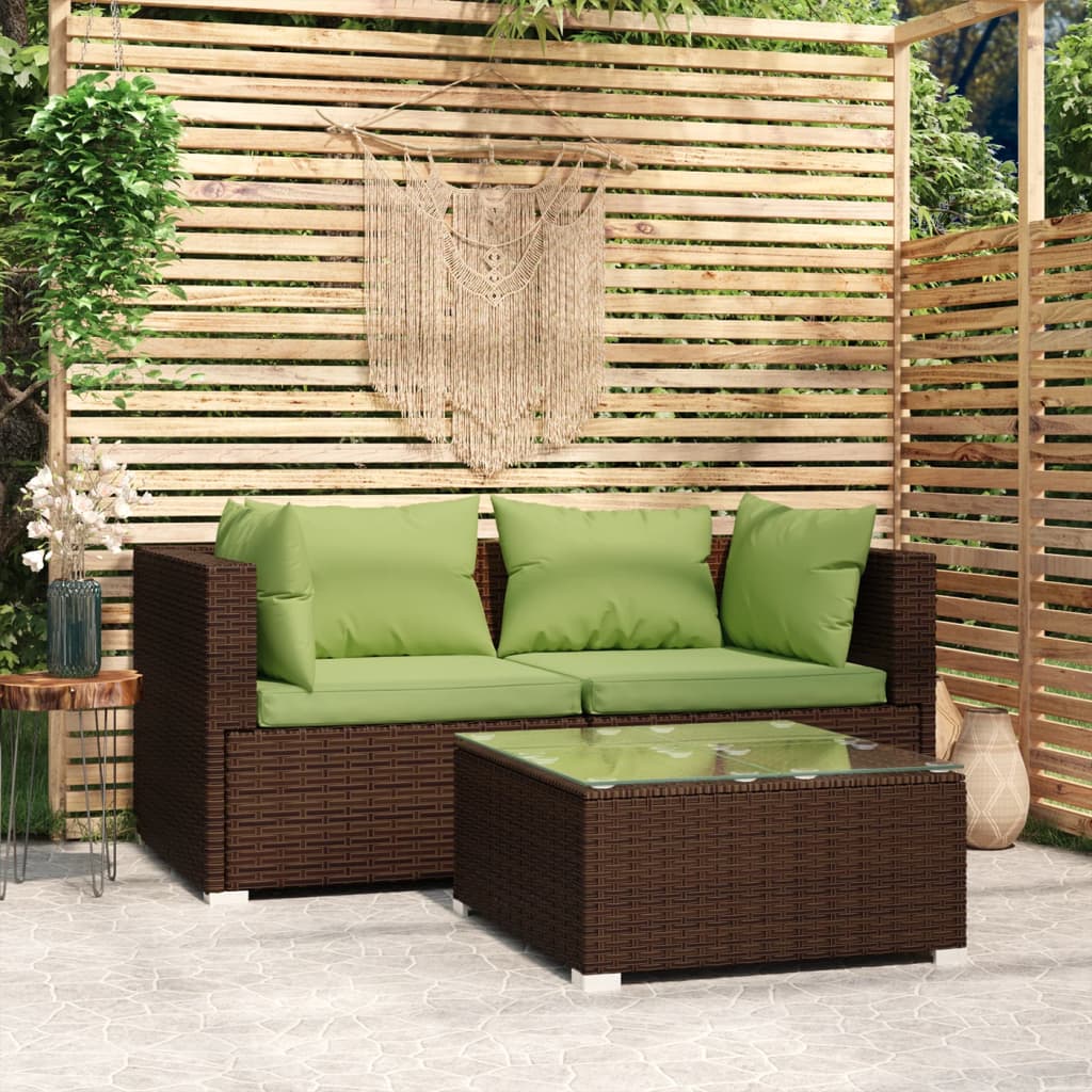 vidaXL Salon de jardin 3 pcs avec coussins marron résine tressée