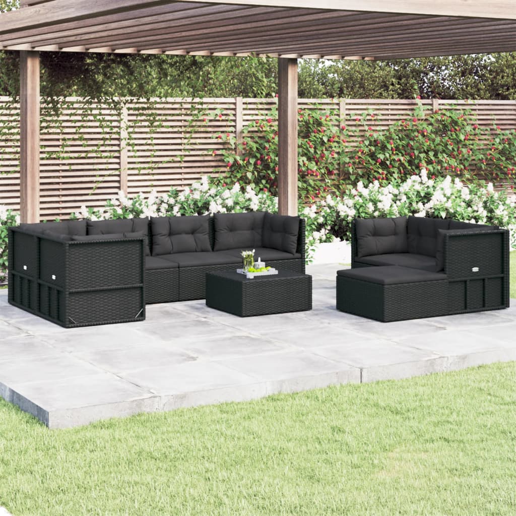 vidaXL Salon de jardin 8 pcs avec coussins noir résine tressée