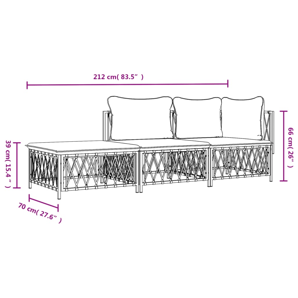 vidaXL Salon de jardin avec coussins 3 pcs blanc acier