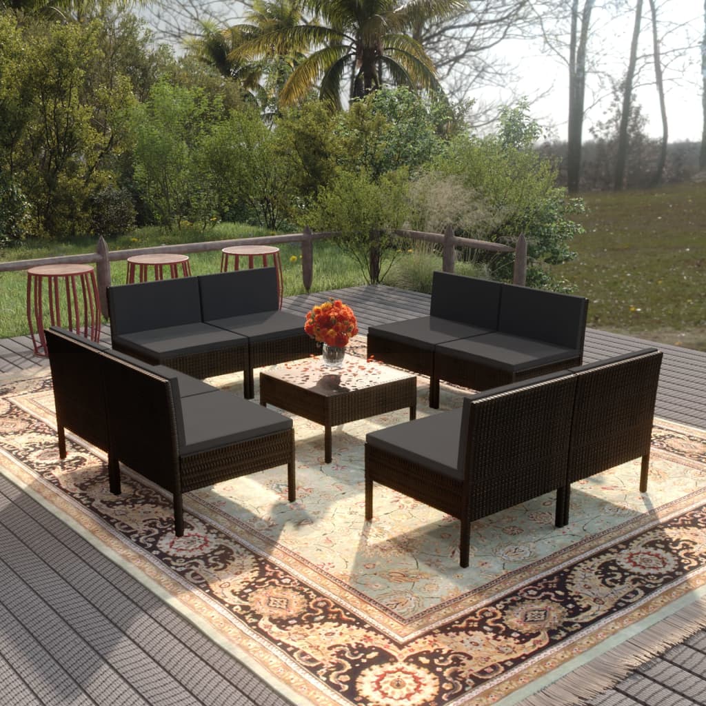 vidaXL Salon de jardin 9 pcs avec coussins Résine tressée Noir