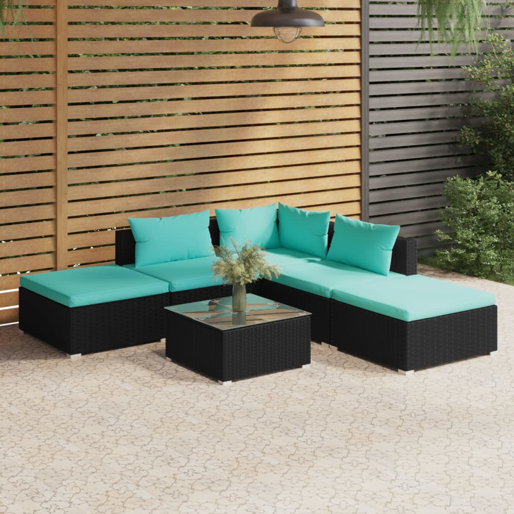 vidaXL Salon de jardin 6 pcs avec coussins Résine tressée Noir