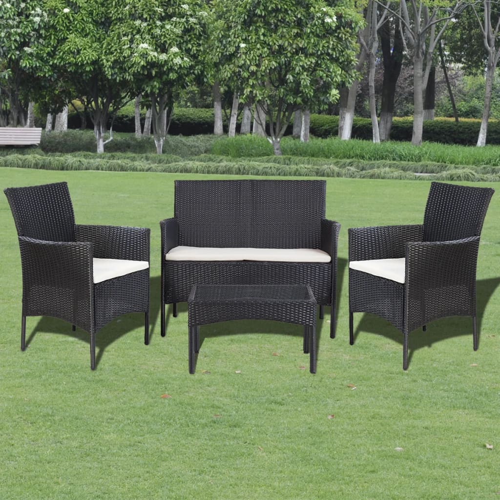 vidaXL Salon de jardin 4 pcs avec coussins Résine tressée Noir