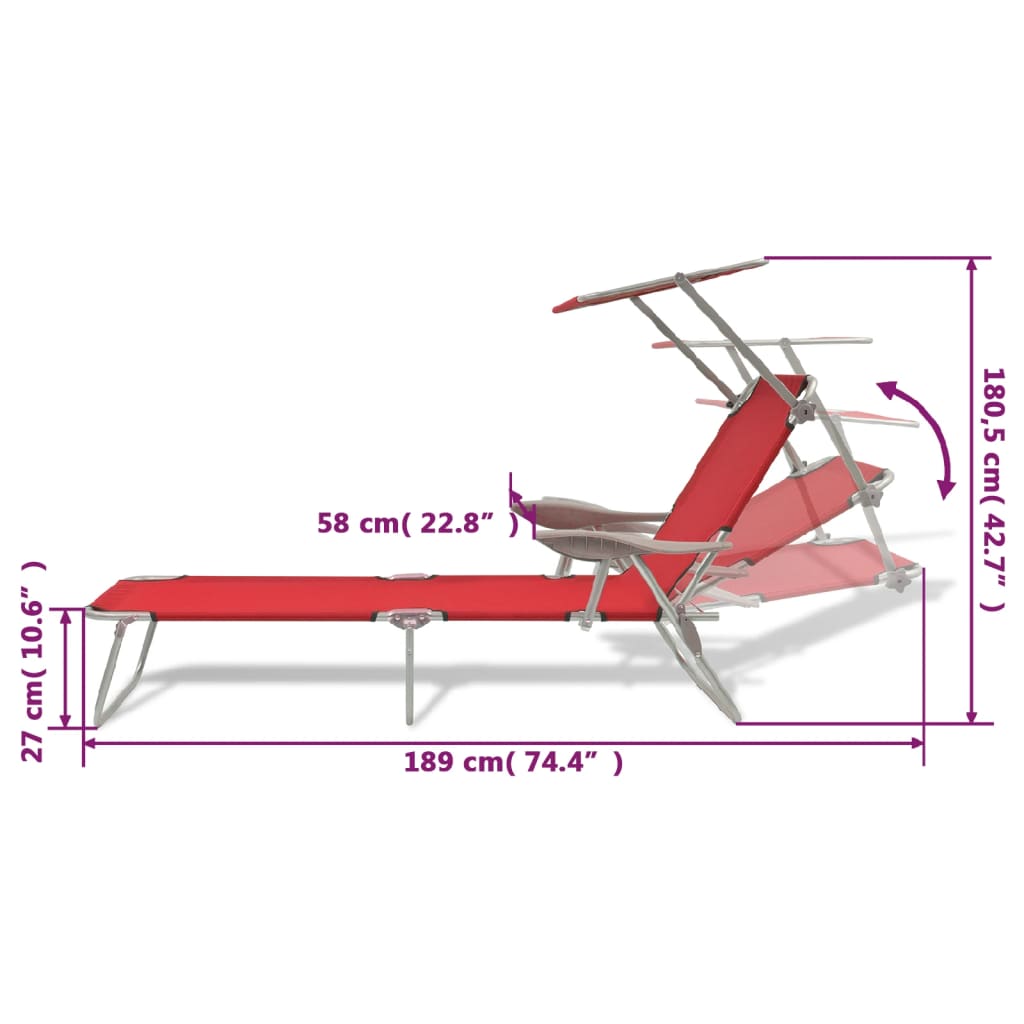 vidaXL Chaise longue avec auvent Acier Rouge