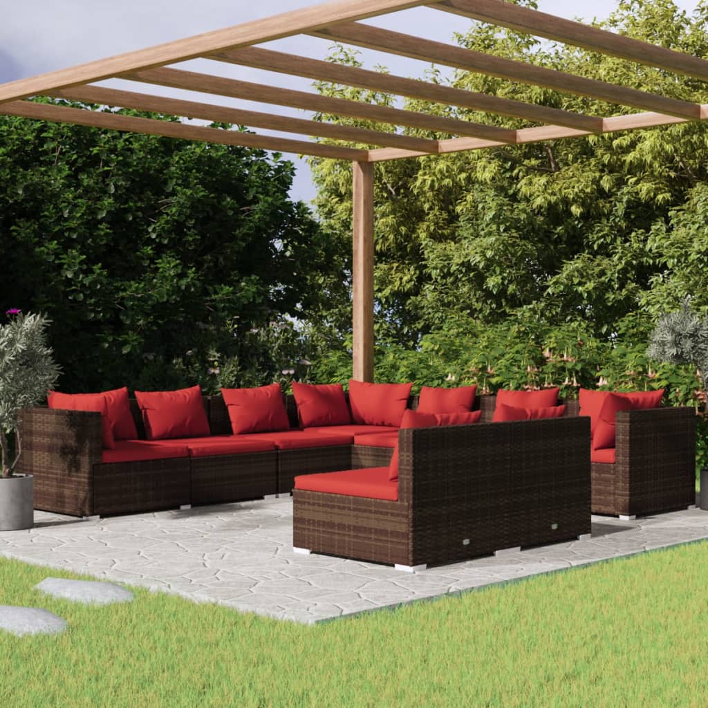 vidaXL Salon de jardin avec coussins 9 pcs marron résine tressée