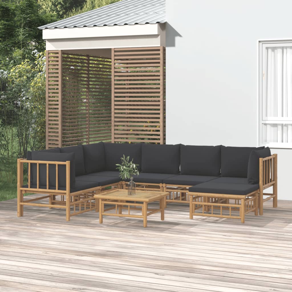 vidaXL Salon de jardin 8 pcs avec coussins gris foncé bambou