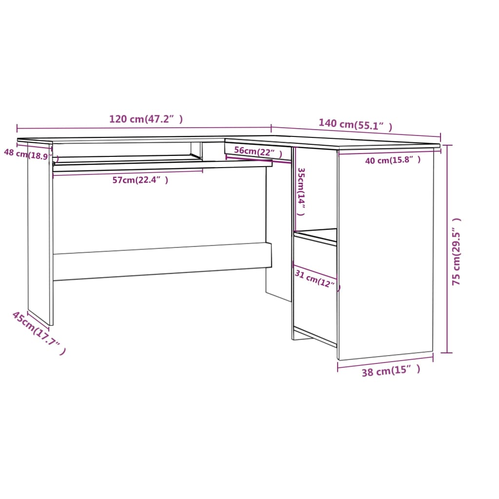 vidaXL Bureau d'angle en forme de L Gris 120x140x75cm bois ingénierie