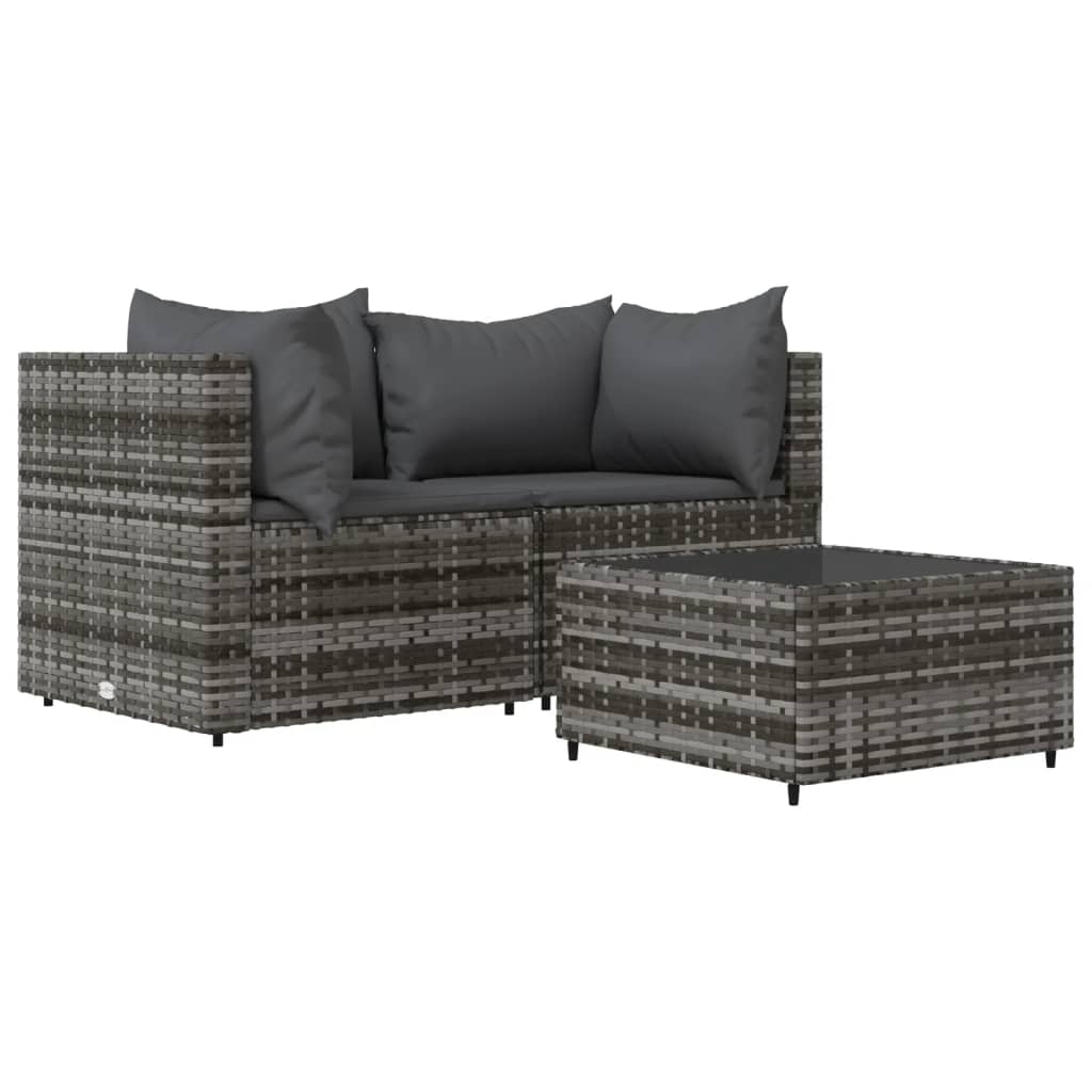 vidaXL Salon de jardin 3 pcs avec coussins Gris Résine tressée