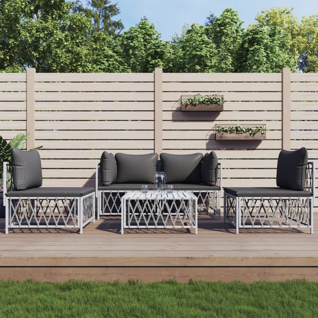 vidaXL Salon de jardin avec coussins 5 pcs blanc acier