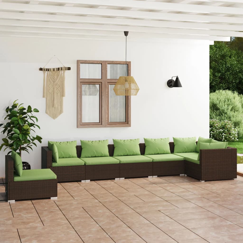 vidaXL Salon de jardin 7 pcs avec coussins Résine tressée Marron