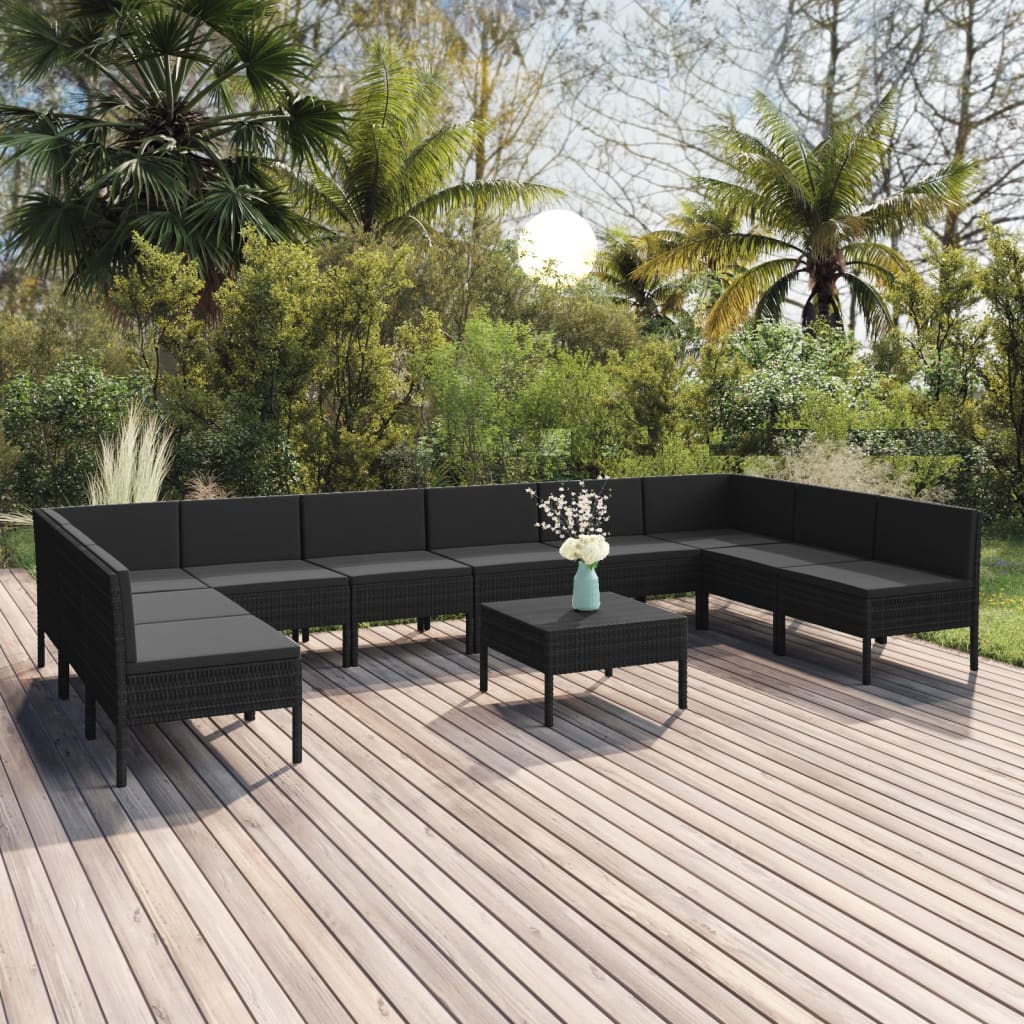 vidaXL Salon de jardin 11 pcs avec coussins Résine tressée Noir