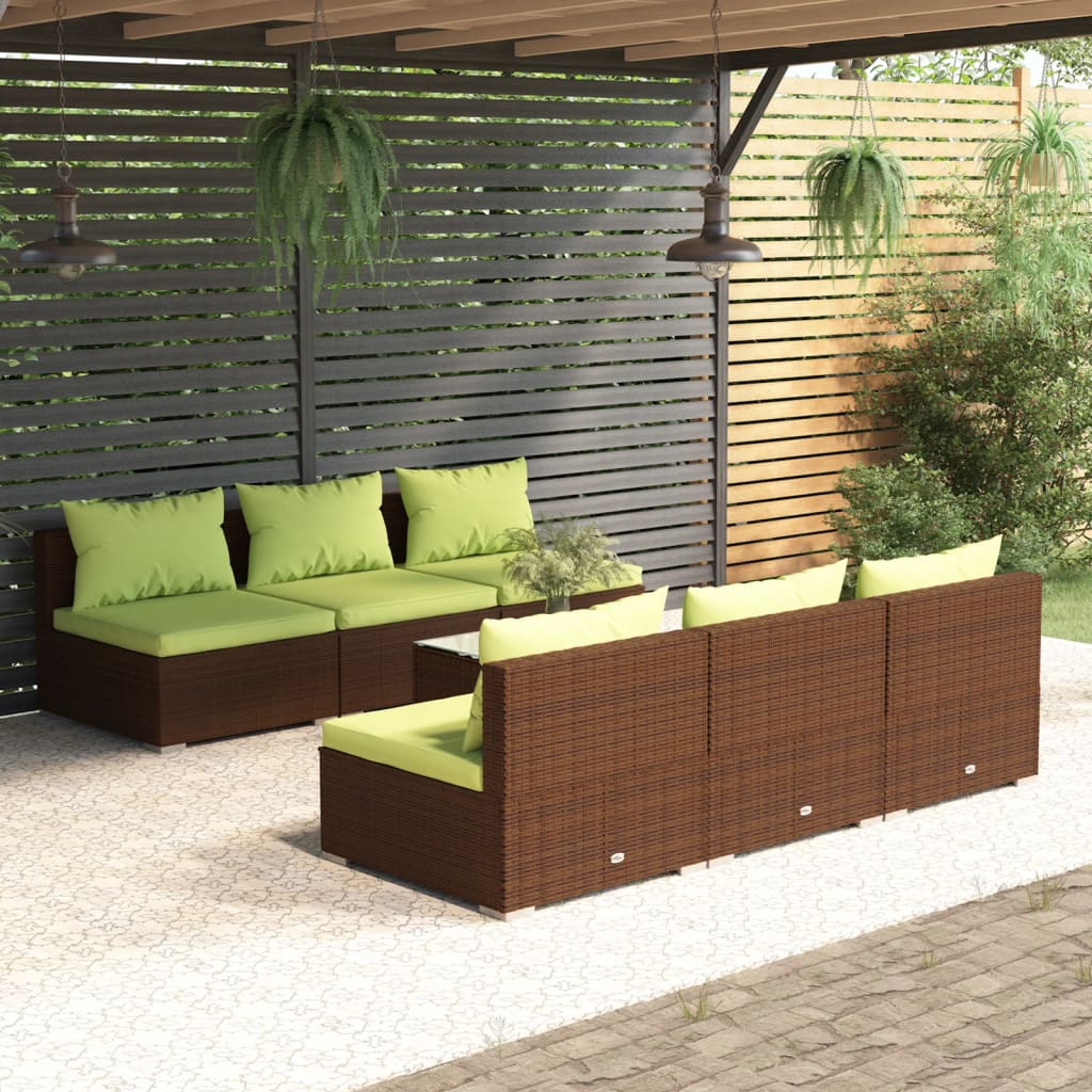 vidaXL Salon de jardin 7 pcs avec coussins Résine tressée Marron