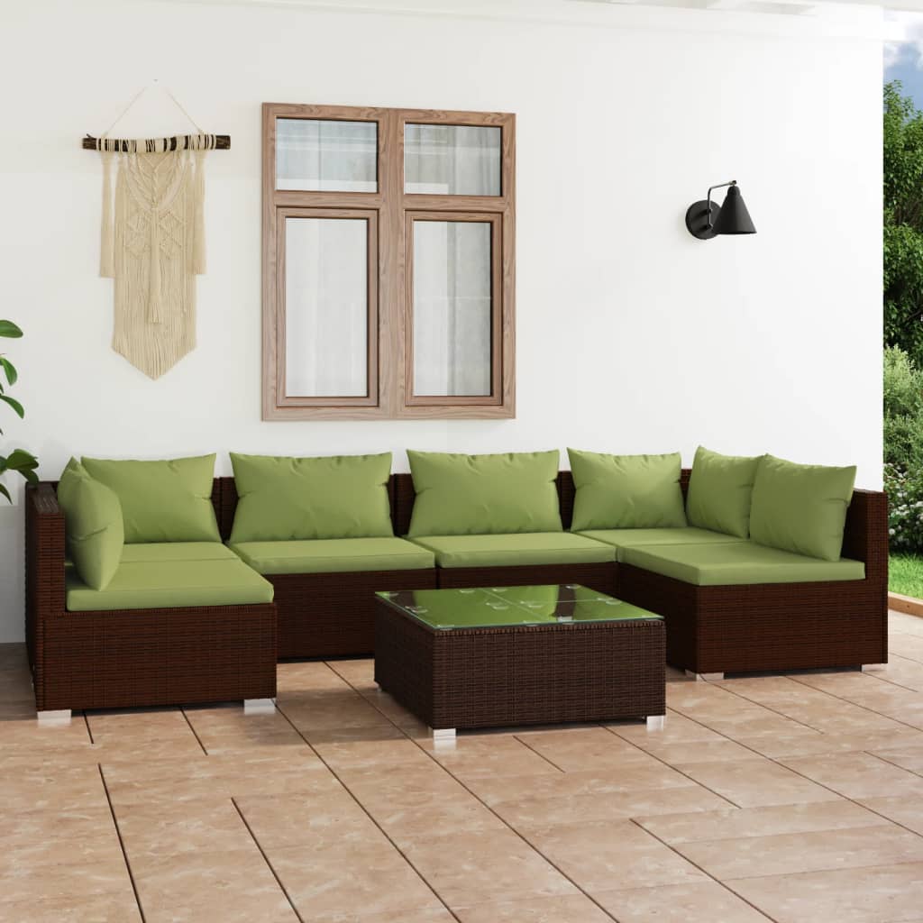 vidaXL Salon de jardin 7 pcs avec coussins Résine tressée Marron