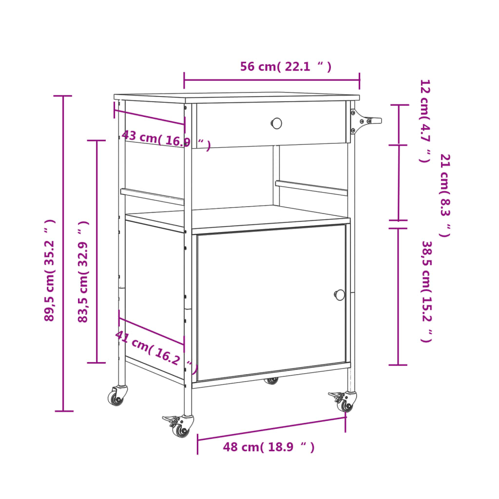 vidaXL Chariot de cuisine chêne fumé 56x43x89,5 cm bois d'ingénierie