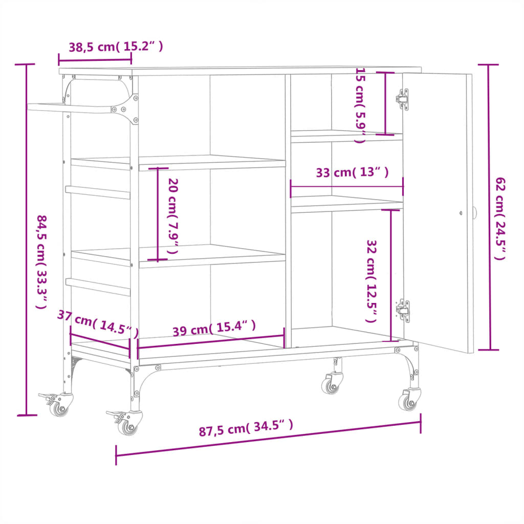 vidaXL Chariot de cuisine chêne fumé 87,5x38,5x84,5 cm bois ingénierie