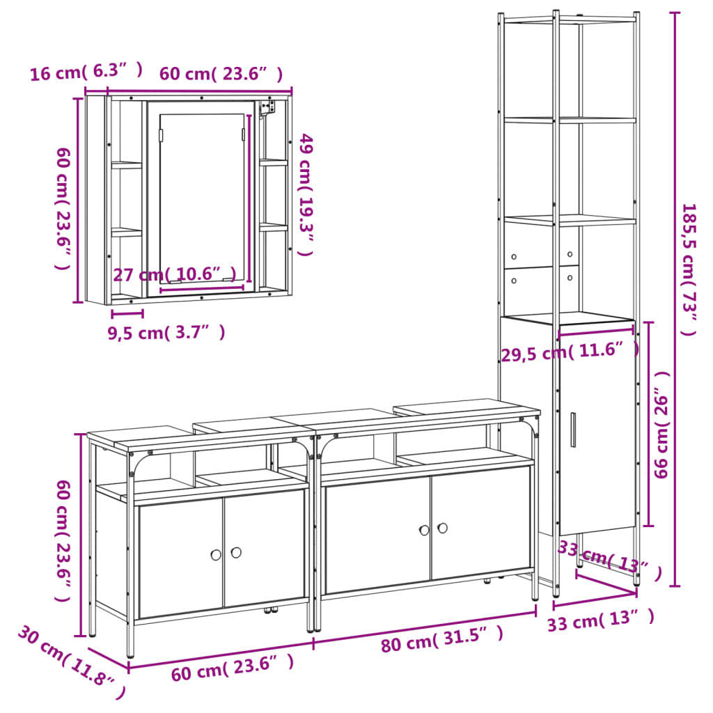 vidaXL Ensemble d’armoires salle de bain 4 pcs noir bois d'ingénierie