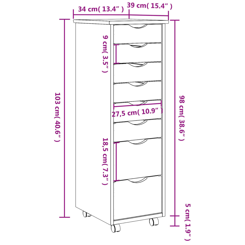 vidaXL Armoire roulante avec tiroirs MOSS gris bois de pin solide