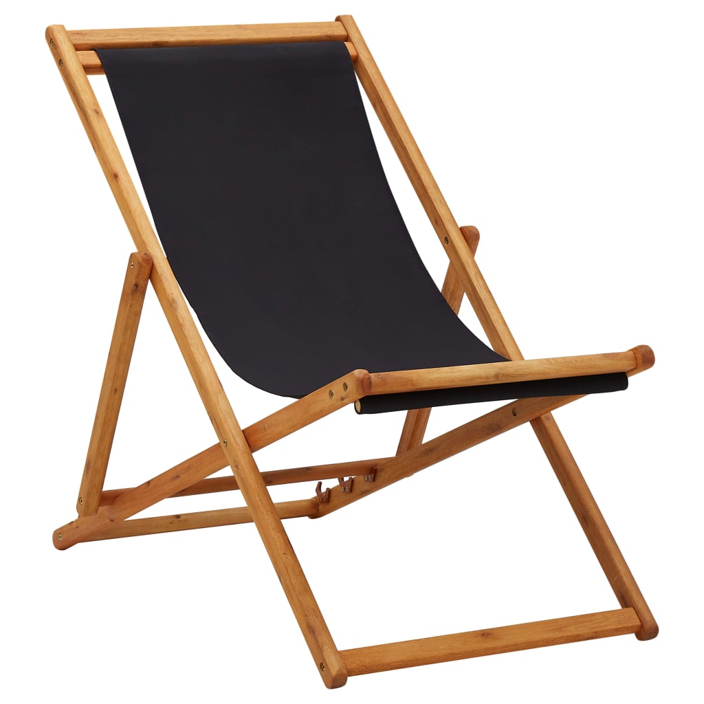 vidaXL Chaise pliable de plage bois d'eucalyptus et tissu noir