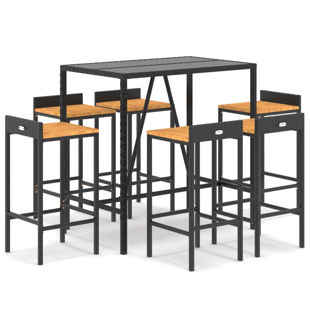 vidaXL Ensemble de bar jardin 7 pcs noir poly rotin/bois massif acacia