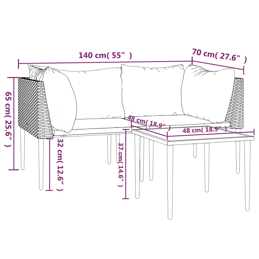 vidaXL Salon de jardin 3 pcs avec coussins Gris Résine tressée