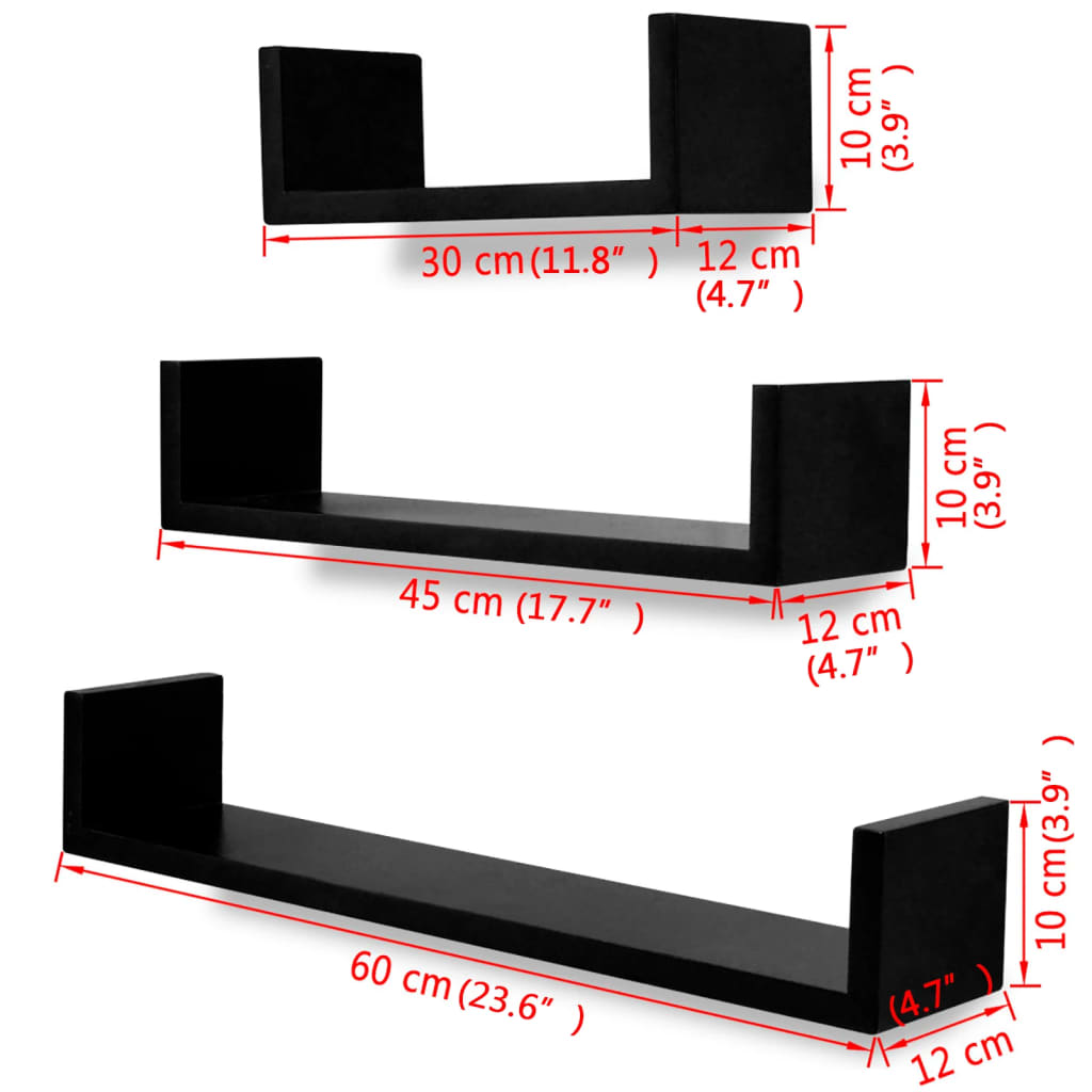 vidaXL Étagères murales 3 pcs Forme de U MDF Noir