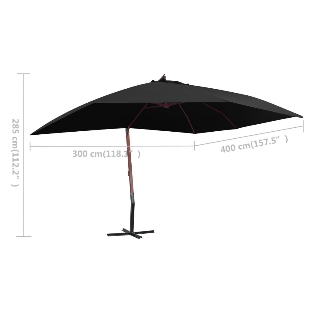 vidaXL Parasol suspendu avec mât en bois 400x300 cm Noir