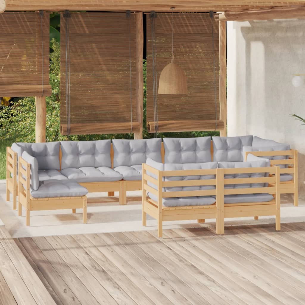 vidaXL Salon de jardin 9 pcs avec coussins gris Bois de pin massif