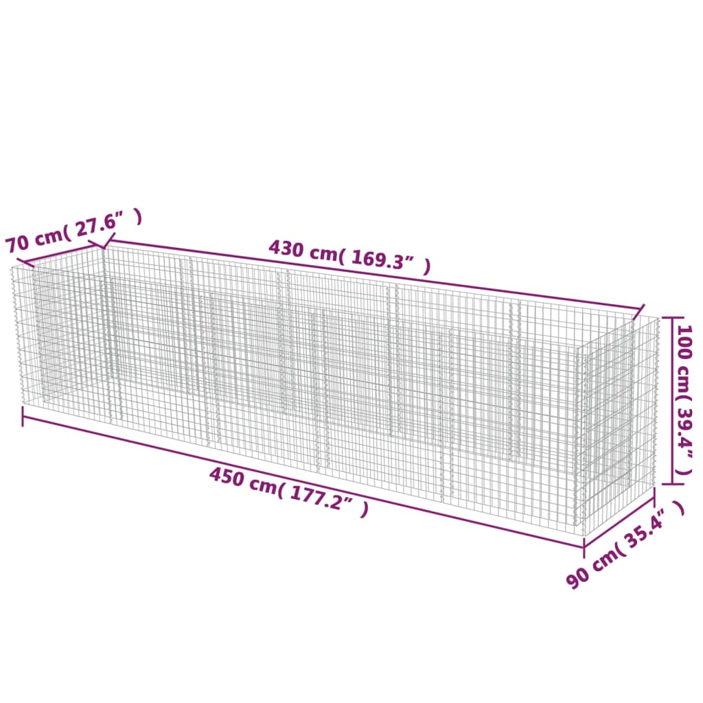 vidaXL Lit surélevé à gabion Acier galvanisé 450x90x100 cm