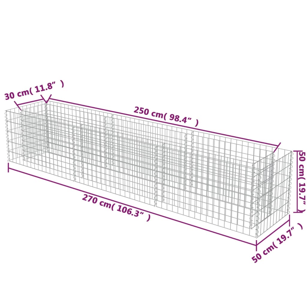 vidaXL Lit surélevé à gabion Acier galvanisé 270x50x50 cm