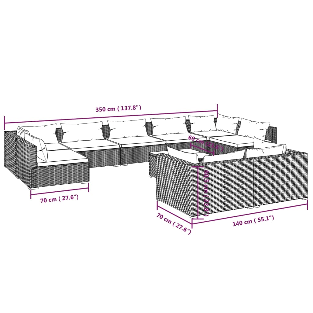 vidaXL Salon de jardin 10 pcs avec coussins Noir Résine tressée