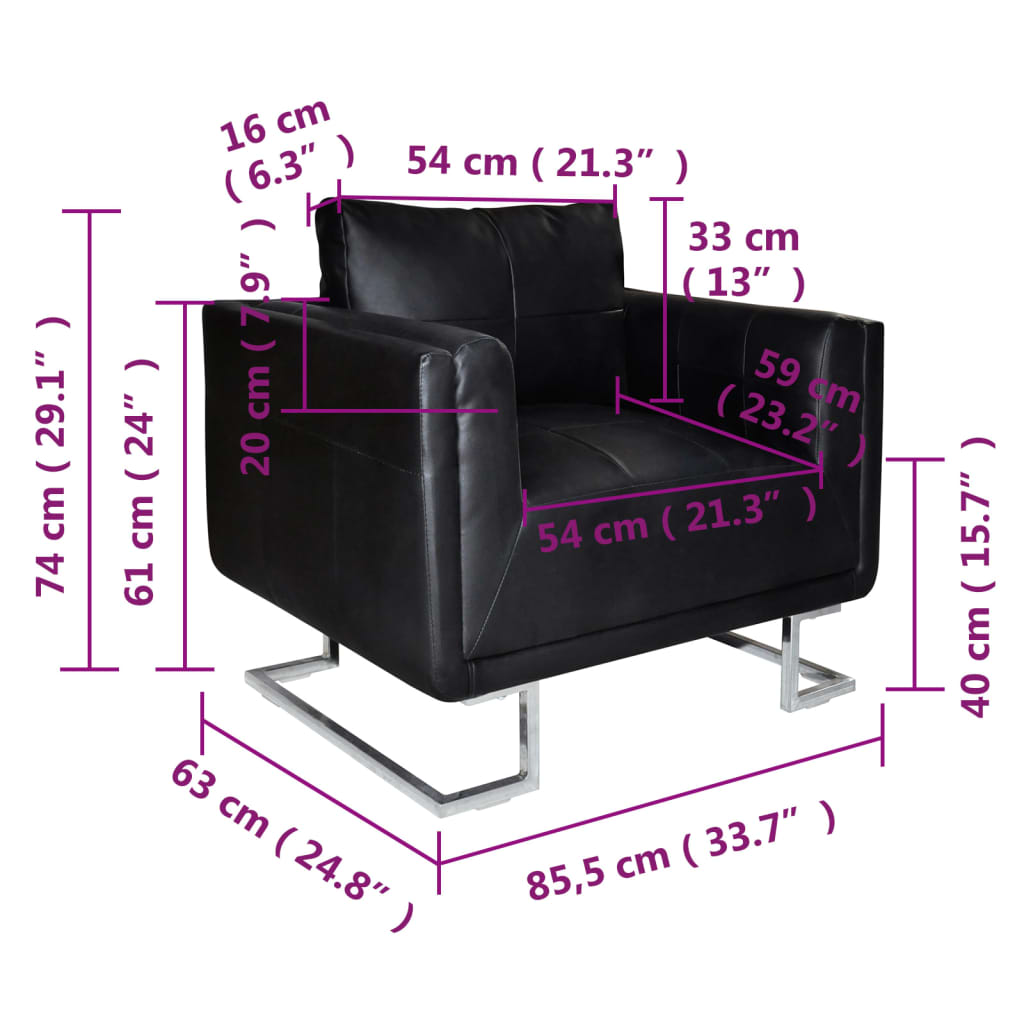 vidaXL Fauteuil cube avec pieds chromés noir cuir