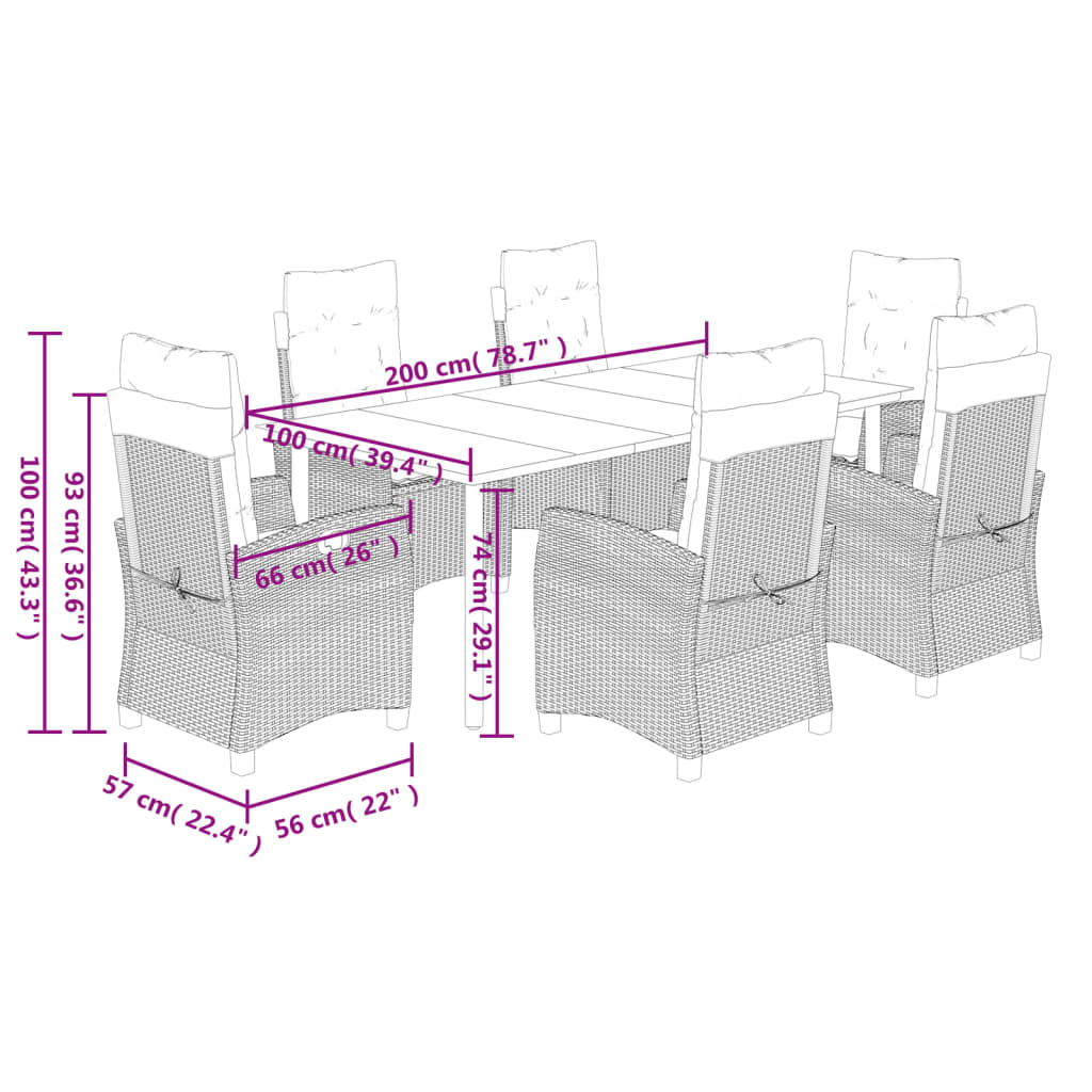 vidaXL Ensemble à manger de jardin coussins 7pcs Noir Résine tressée