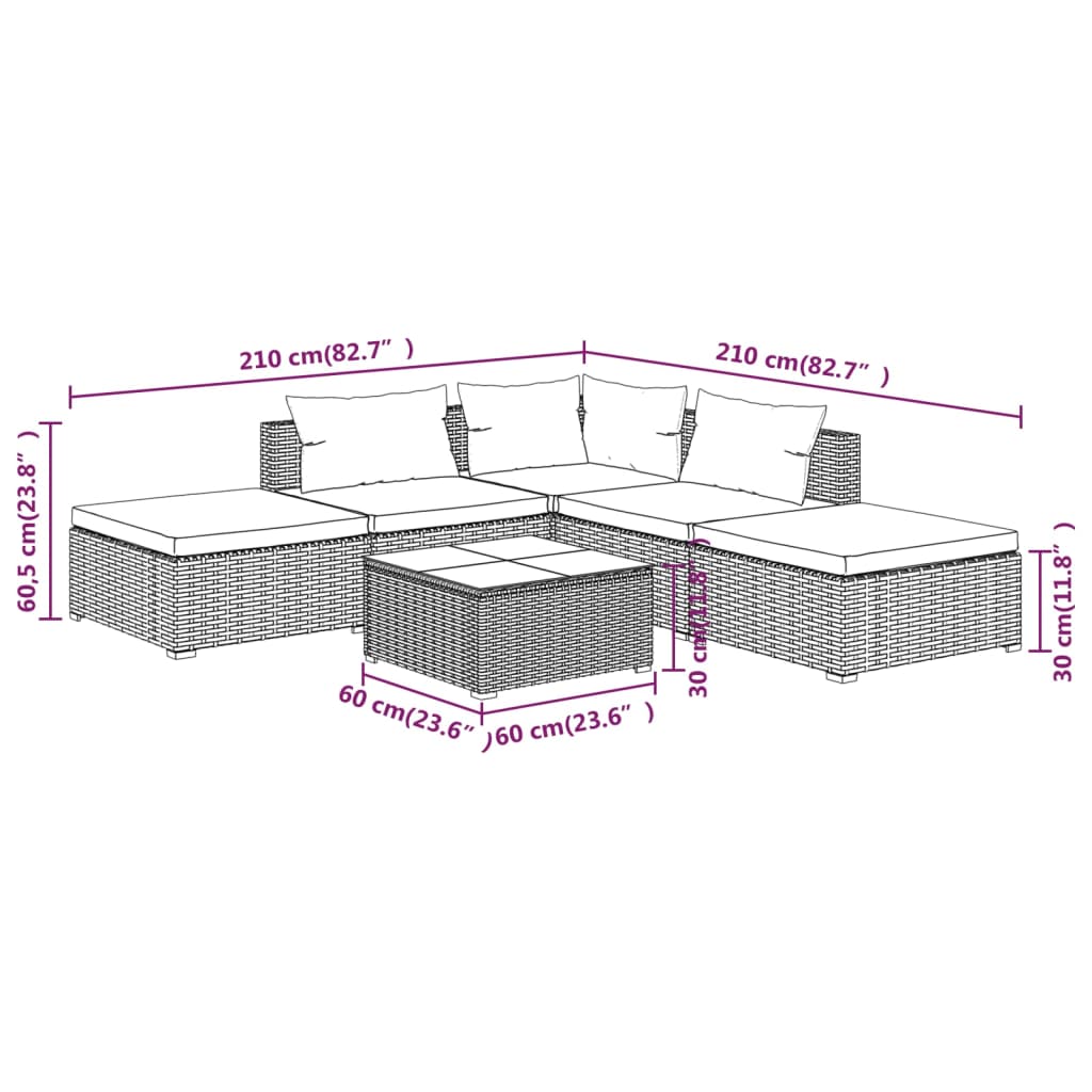 vidaXL Salon de jardin 6 pcs avec coussins Résine tressée Noir