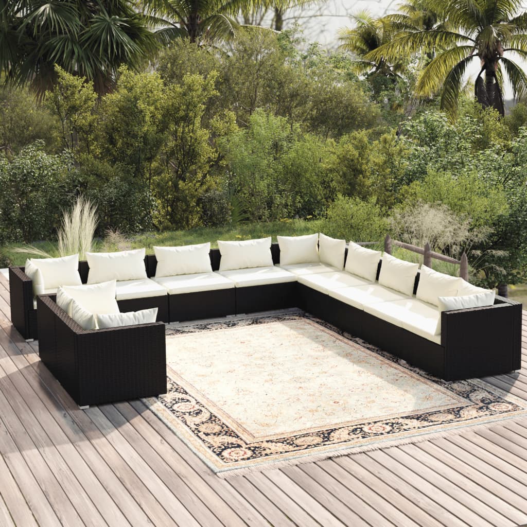 vidaXL Salon de jardin 11 pcs avec coussins noir résine tressée