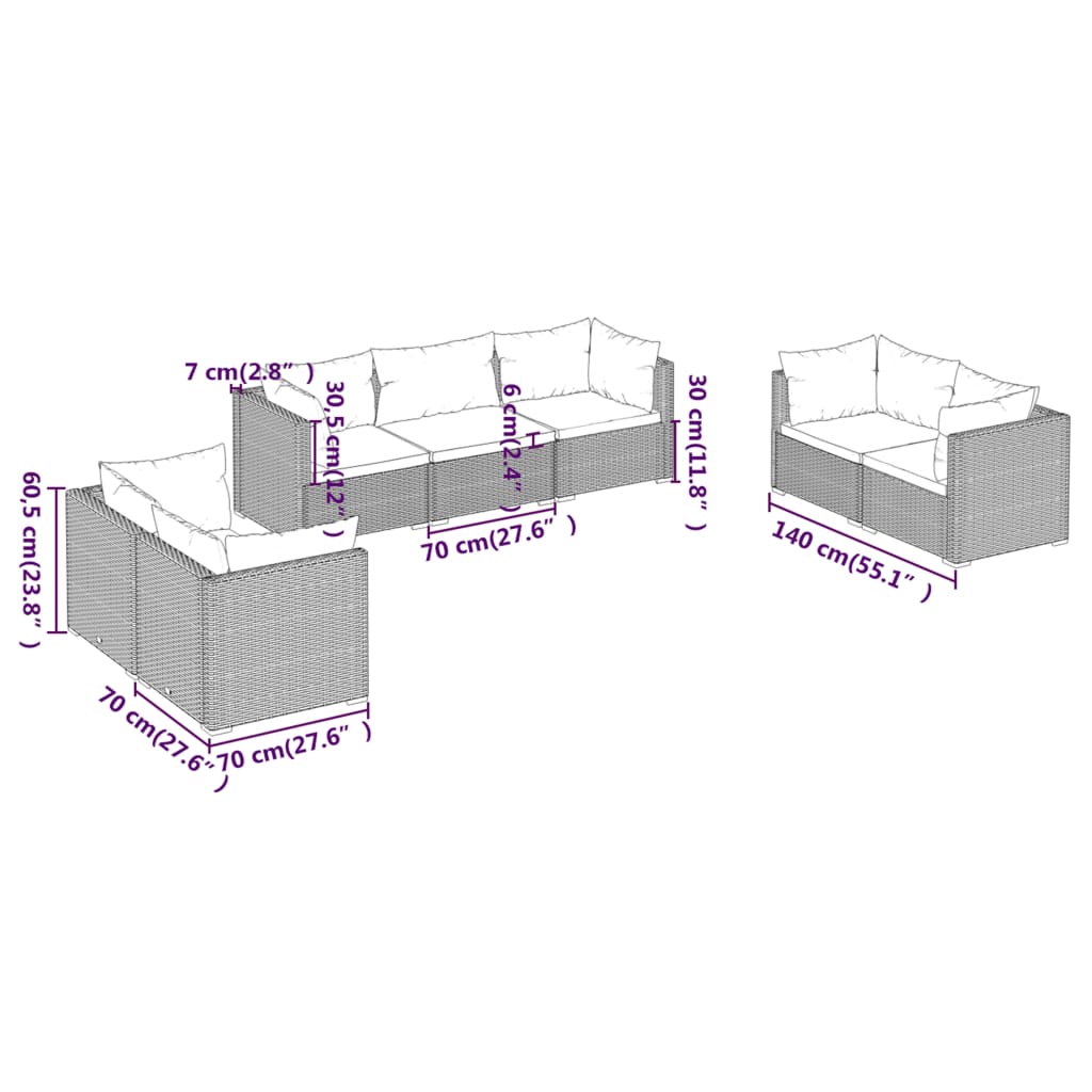 vidaXL Salon de jardin 7 pcs avec coussins Résine tressée Noir