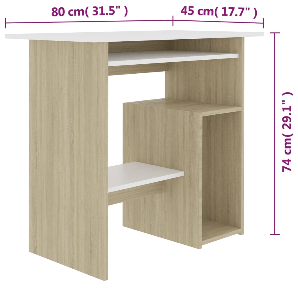 vidaXL Bureau Blanc et chêne sonoma 80 x 45 x 74 cm Aggloméré