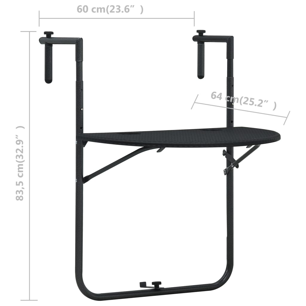 vidaXL Table de balcon Noir 60x64x83,5 cm Plastique Aspect de rotin