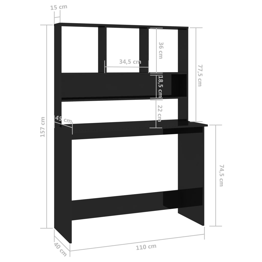 vidaXL Bureau avec étagères Noir brillant 110 x 45 x 157 cm Aggloméré