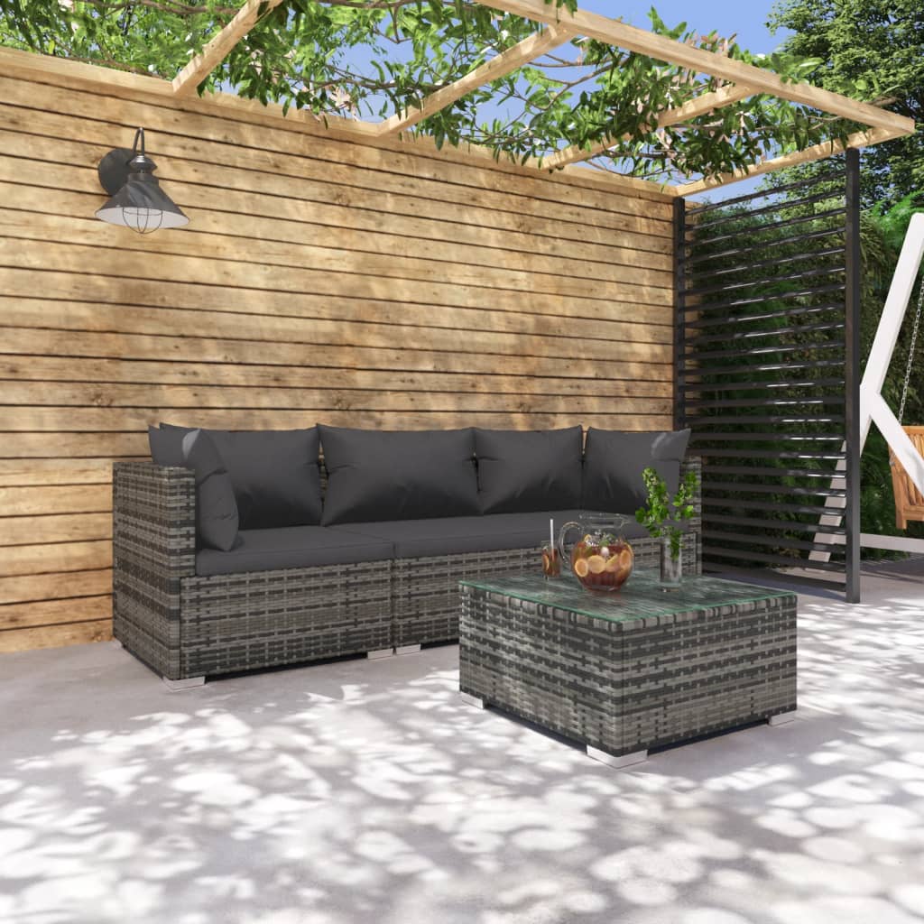 vidaXL Salon de jardin 4 pcs avec coussins résine tressée gris