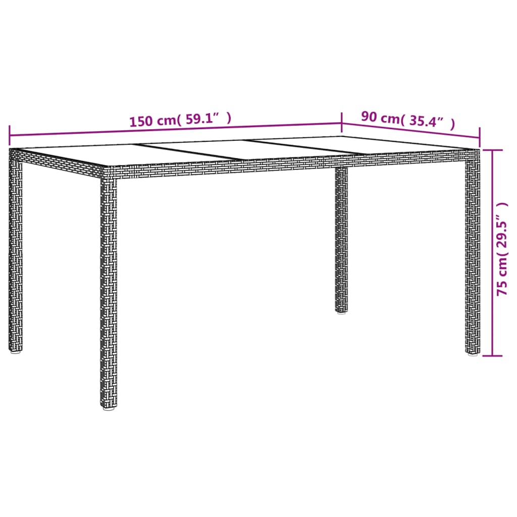 vidaXL Table de jardin 150x90x75 cm Verre trempé/résine tressée Marron