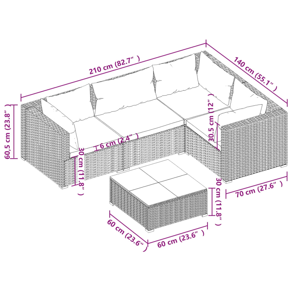 vidaXL Salon de jardin 5 pcs avec coussins Résine tressée Noir