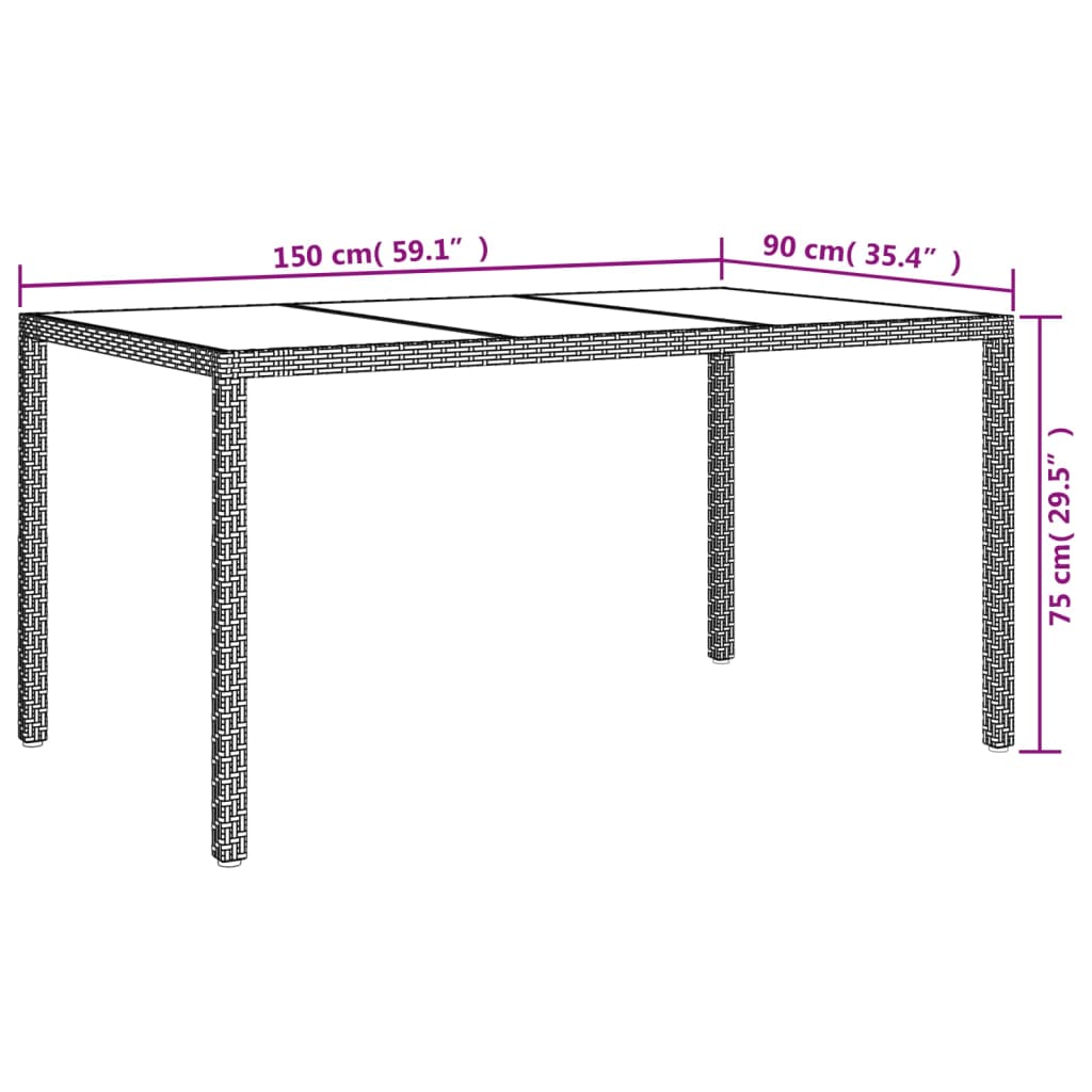 vidaXL Table de jardin 150x90x75 cm Verre trempé et poly rotin Gris