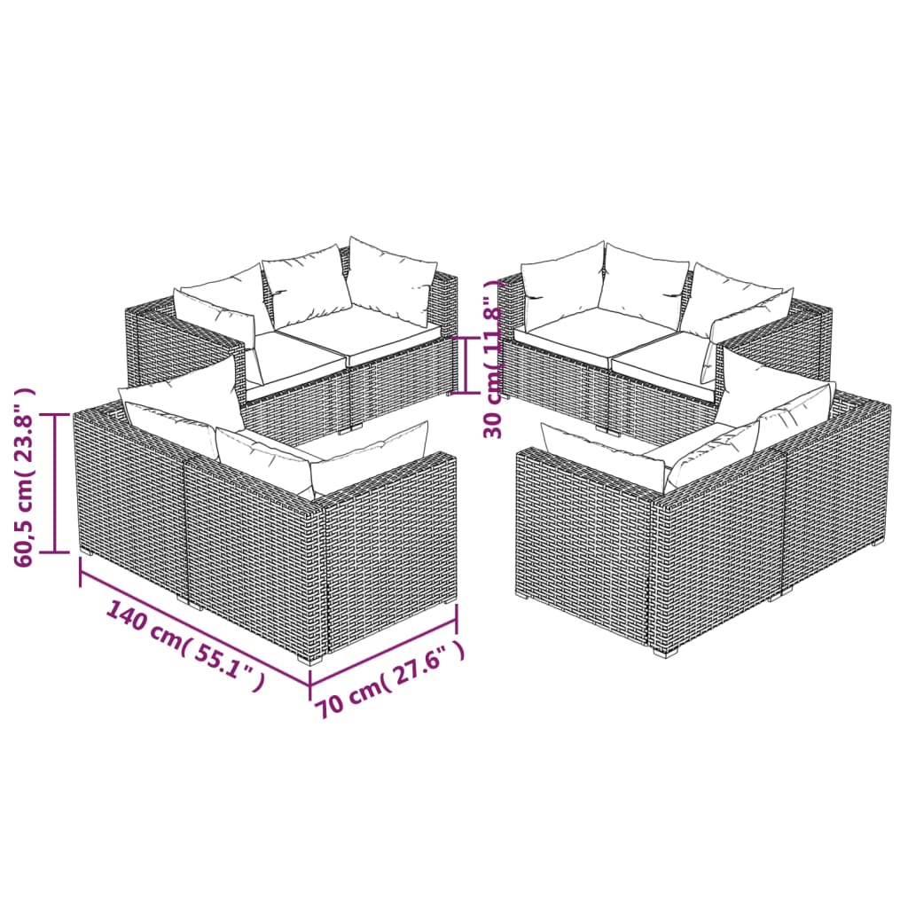 vidaXL Salon de jardin 8 pcs avec coussins Résine tressée Gris