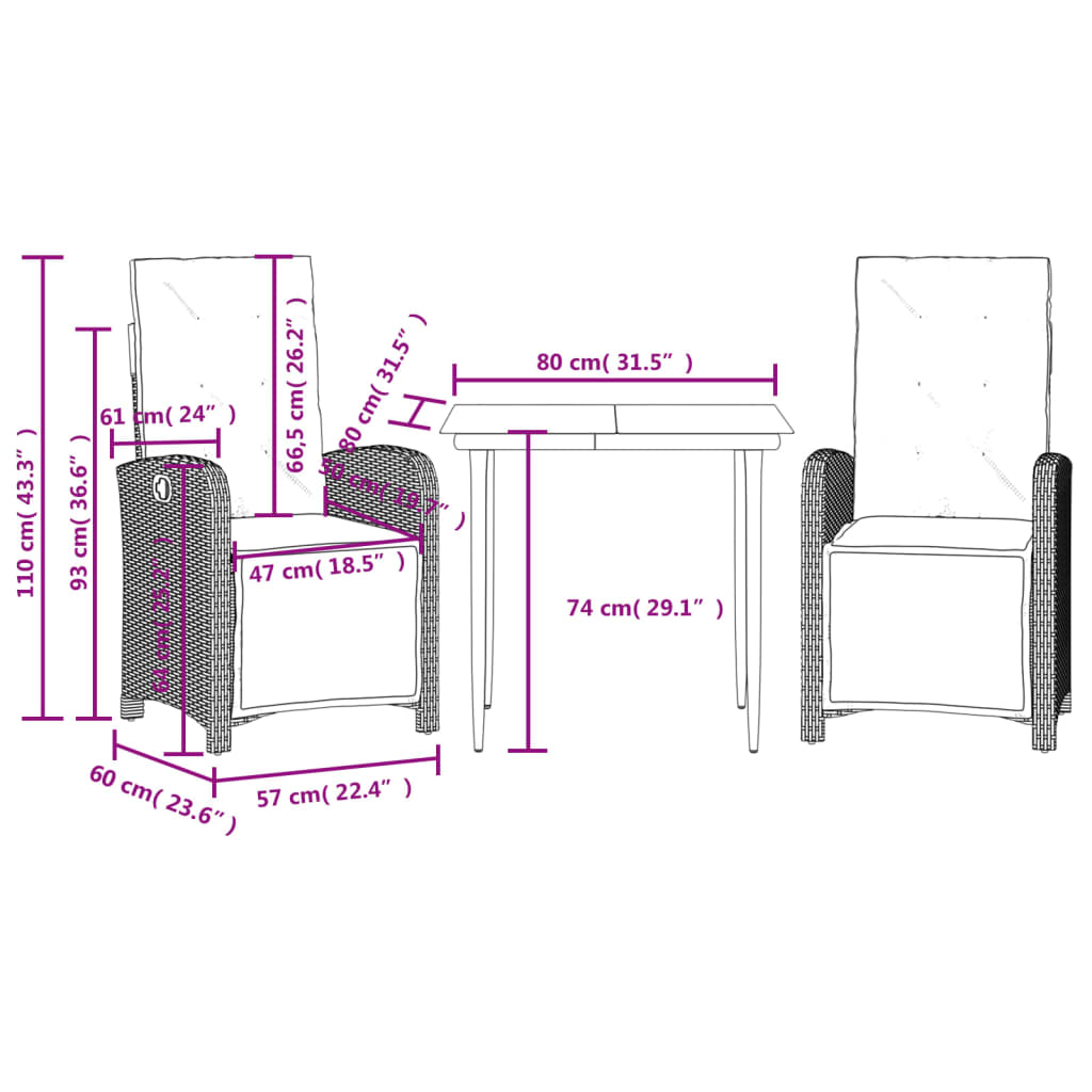 vidaXL Ensemble de bistro 3 pcs avec coussins gris résine tressée